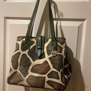 Dooney & Bourke Giraffe Print Canvas Olive Green & beige tote leather straps